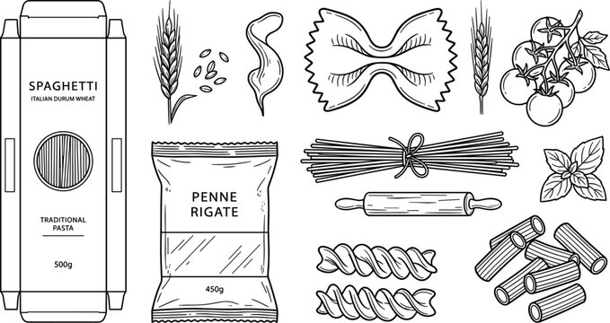 Italian Pasta and Ingredients Element Set with Spaghetti Packaging Farfalle Fusilli Tomatoes and Rolling Pin for Culinary Line Art Coloring Pages