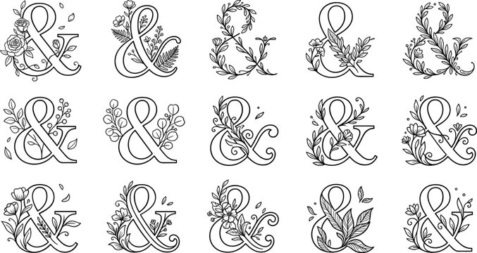 Floral Ampersand Lettering Vector Icon Set with Botanical Leaves, Flowers, and Wreaths for Wedding Invitations, Monograms, and Elegant Logo Designs