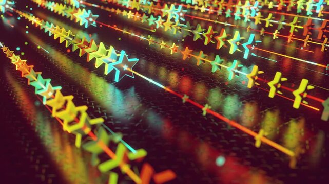 Futuristic abstract wall with glowing geometric stars. Seamless VJ loop of a rhythmic digital structure and pattern, creative motion background for electronic music festivals and stage displays.