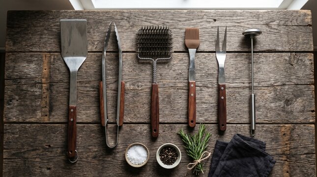 Top view of barbecue grilling tools set with spices and herbs on wood