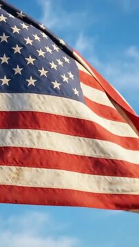 Close-up cinematic footage of the United States flag waving proudly in a gentle breeze under a clear blue sky. Perfect for Independence Day, Memorial Day, Veterans Day, patriotic events, education, an