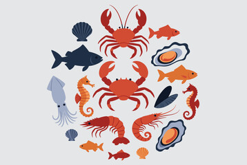 Obraz premium Diverse assortment of seafood including crabs, fish, shrimp, seahorses, and shells arranged in a neat circular composition.