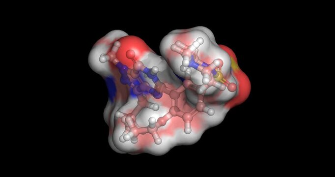 Sildenafil/Viagra, phosphodiesterase inhibitor for treatment of erectile dysfunction, 3D molecule spinning on Y-axis, 4K