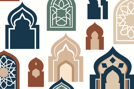 Collection of various Islamic architectural arch and window patterns featuring geometric and floral motifs in traditional colors.