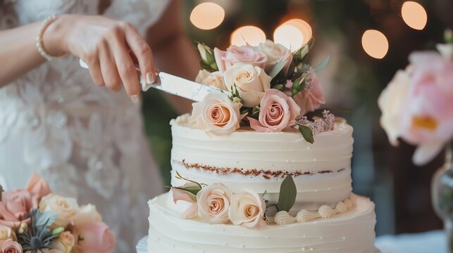 Delicious wedding cake with floral decoration.