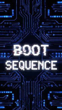 Digital Boot Sequence Animation with Glitch Effects and Circuitry Background