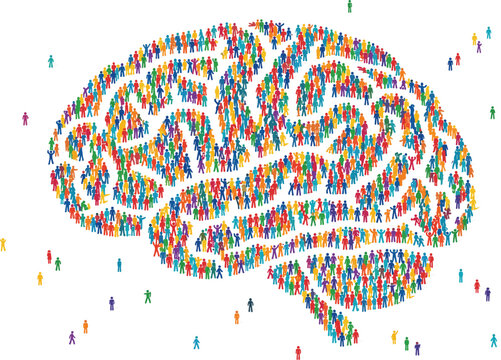 Human brain silhouette formed by large group of colorful tiny people vector concept for psychology or community mind