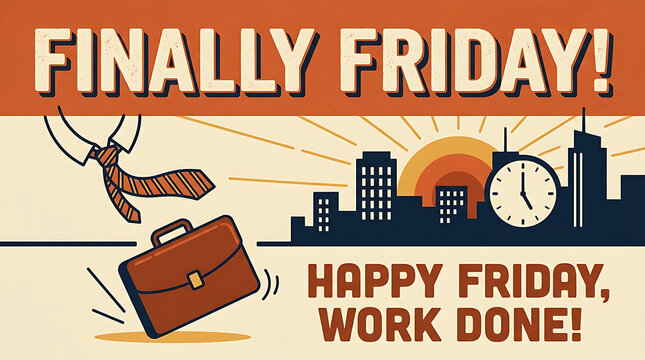 Happy Friday Finally Friday 5PM Clock Office Silhouette Retro Flat Minimalist Illustration