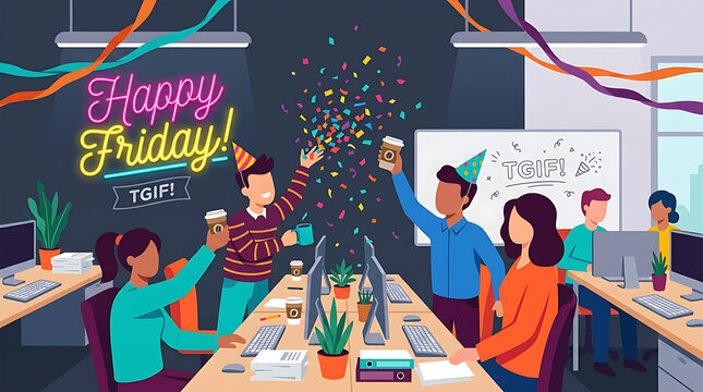 Happy Friday TGIF Office Celebration Confetti Neon Lettering Flat Vector Illustration