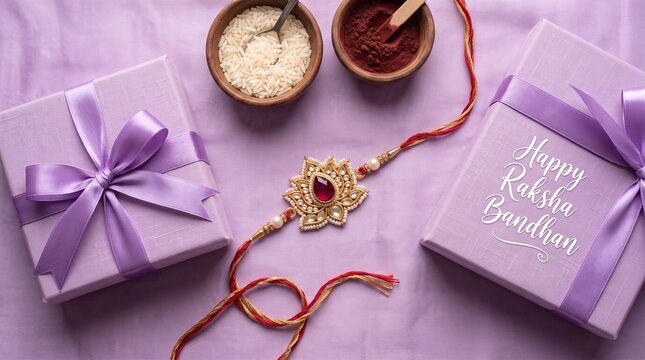 Elegant Raksha Bandhan Vector Background with Lotus Rakhi, Purple Gift Boxes, Rice, Kumkum, and Happy Raksha Bandhan Text