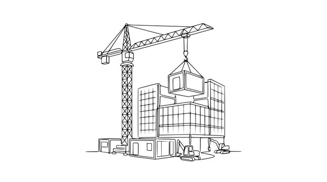 Construction crane lifting module onto modern building under development, sketch.