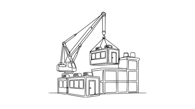 Crane lifting modular building unit onto construction site, line art drawing.