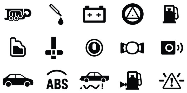 Car Dashboard Icon Set with Warning Light Symbols for Vehicle Diagnostics, Engine Monitoring, Safety Alerts, Automotive Controls and Dashboard
