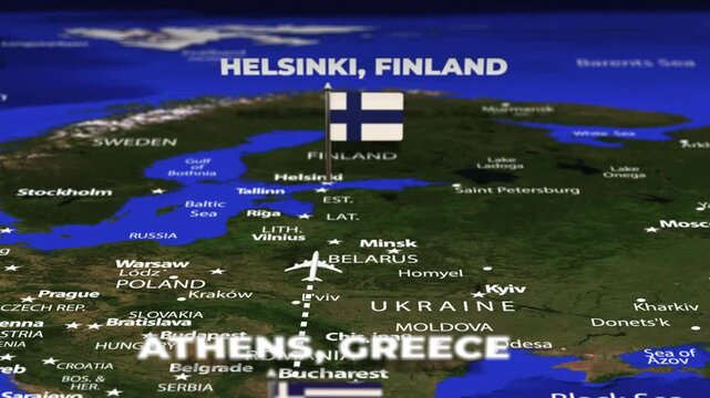 Flight From Athens GREECE to Helsinki FINLAND with flag pins