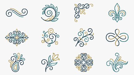 Elegant Gold and Teal Ornamental Floral and Fleurs de lis Designs for Luxury Branding and Decorative Use © siti