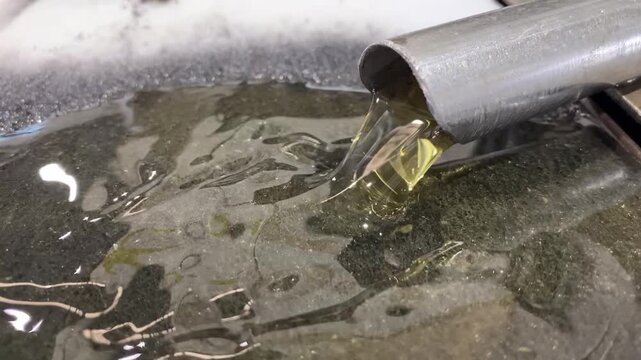 Close-up video of industrial lubricating oil flowing from a metal pipe into a storage tank inside a manufacturing facility. The footage highlights fluid transfer, lubrication management, prevent