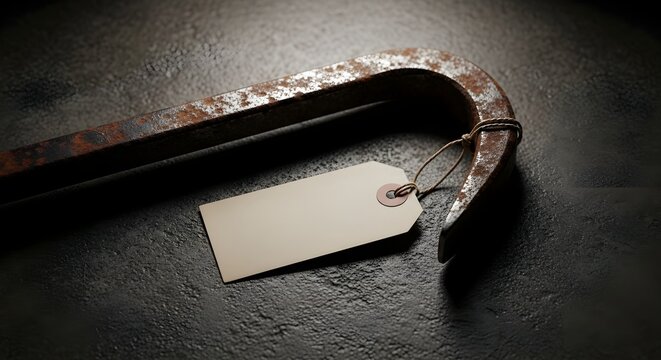 Rusty metal crowbar with a blank beige paper price tag attached