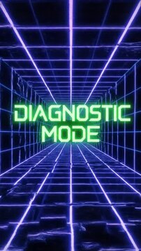 Futuristic digital environment with neon grid corridor displaying diagnostic mode in a sci-fi style