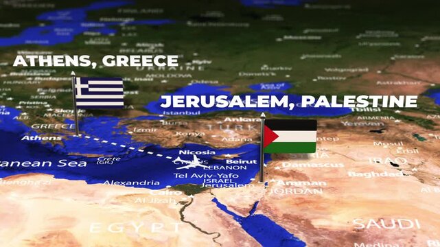 Flight From Athens GREECE to Jerusalem Palestine with flag pins
