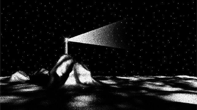 Lighthouse beam cutting through a starry night sky over rocky shore in stipple dot art