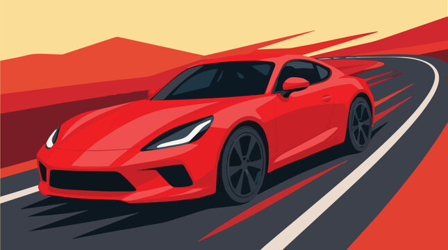 Flat design vector art of a red sports car speeding on the road. Dynamic vehicle illustration with modern style, motion feeling, and fast racing concept.