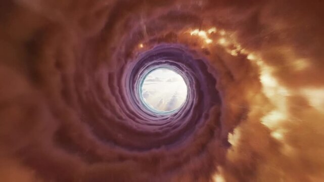 Dramatic spiral cloud formation with a bright circular center in golden light sky