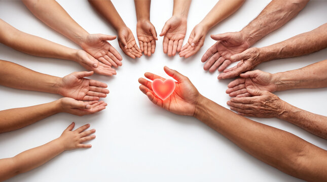 Large collection of diverse human hands reaching out toward a central hand holding a glowing red heart icon, representing unity, charity, healthcare, community support, and empathetic care.