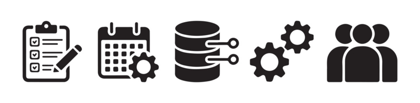 Modern solid black icons for business administration including checklist calendar database and team.