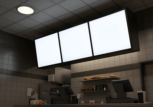Empty restaurant counter with menu boards in a fast food establishment. Empty order stations and menu boards in a modern fast food restaurant interior.