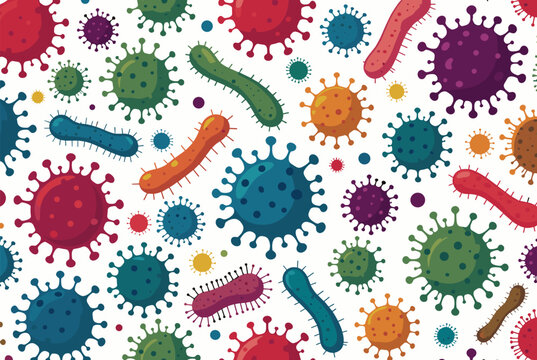 Seamless background pattern illustrating various types of microscopic viruses, bacteria, and germs in a colorful educational style.