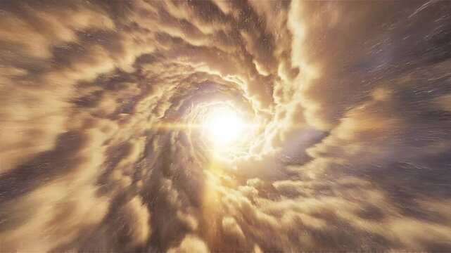 Dramatic swirling golden clouds with bright sunlight in the sky creating a vortex effect