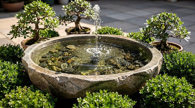 Zen Garden Stone Water Fountain with Bonsai Trees.