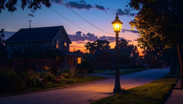 Farola encendida en una calle residencial al anochecer con casa y cielo crepuscular en ambiente tranquilo