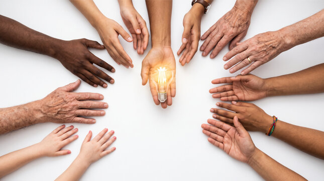 Collection of diverse human hands of various ages and skin tones reaching towards a glowing light bulb in the center, representing innovation, global collaboration, creativity and a shared idea.