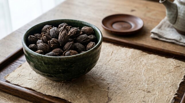 和食器に盛られた乾燥した蓮の実と和の佇まい