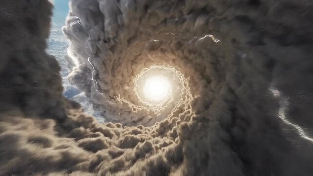 Dramatic spiral storm cloud formation with lightning and bright center in atmospheric sky