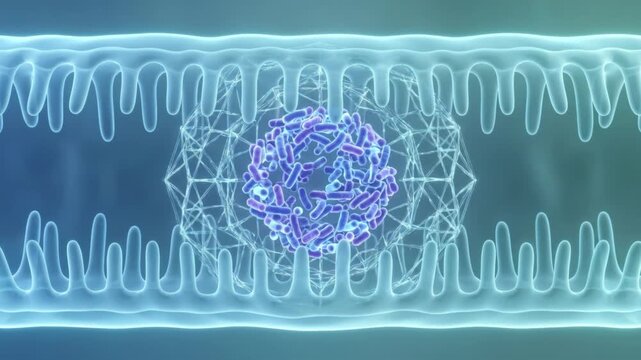 腸管の絨毛間で細菌のクラスターが粘液ネットワークに捕獲され固定される3Dアニメーション