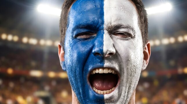 Intense close-up of a passionate sports fan screaming with blue and white face paint in a stadium. High energy concept for football, soccer match, victory, and team competition