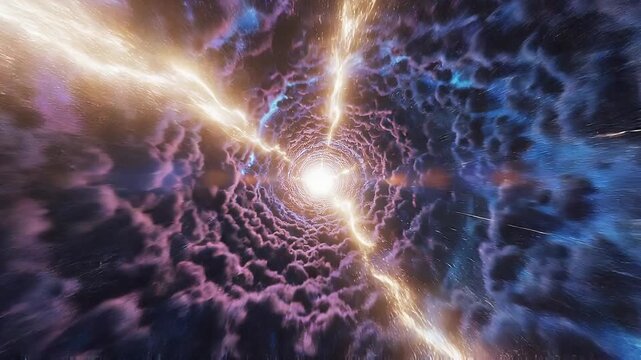 Abstract cosmic vortex with glowing lightning and swirling clouds creating a dramatic space tunnel effect