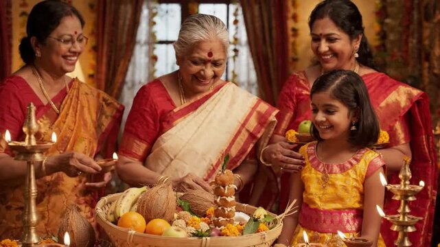 Happy multi-generation Indian family preparing traditional fruit offerings and prasad basket for Chhath Puja at home
