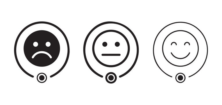 emoticon faces with headset  sad neutral and happy expressions for customer service feedback ratings  emotions in circles
