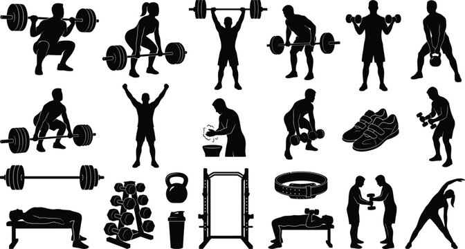 Gym and fitness workout silhouettes set, various people exercising with weights and equipment.
