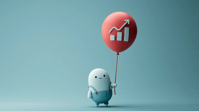 A cartoon character inflates a giant balloon shaped like a growth chart, which steadily expands and floats upward in a smooth, seamless loop animation.