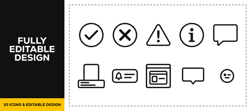 flat vector illustration line art icon bundle set design focusing on validation checkmark cross warning information and chat alert notifications for software interface
