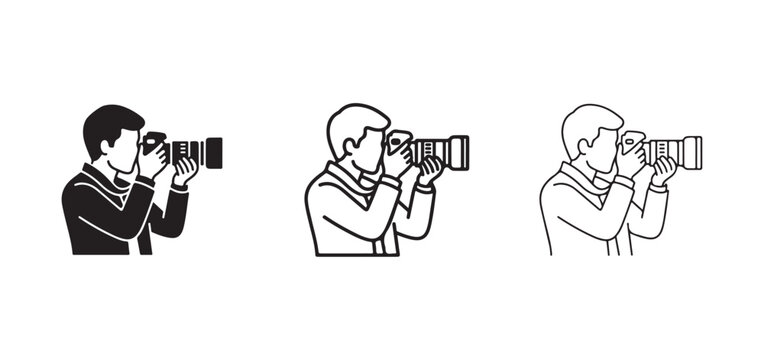 men taking pictures with cameras in different styles  line art and silhouette  for graphic design and illustration