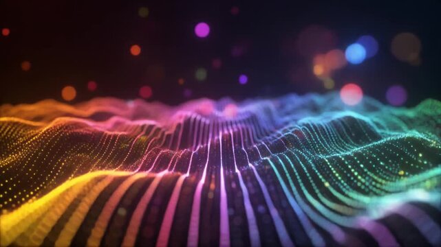 Dynamic 3D sound wave visualization featuring glowing multicolored particles and neon lines pulsing rhythmically. Digital mountain terrain effect with floating colorful bokeh lights.