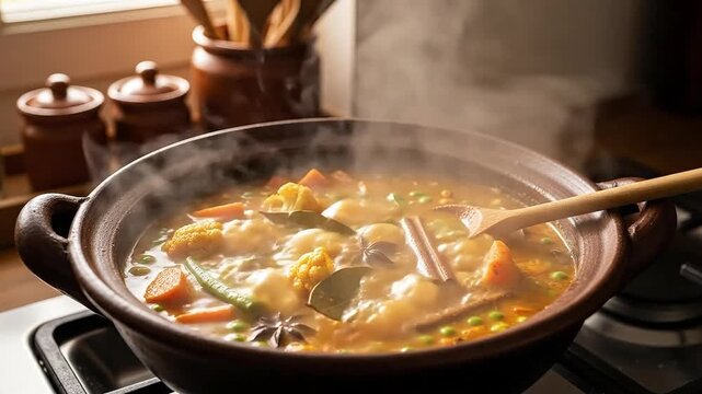 A steaming pot of nutritious vegetable soup on a cozy kitchen stove.