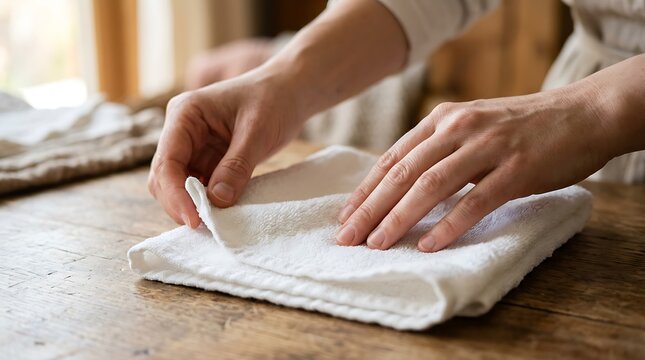 Close-up of a person folding a clean white linen napkin on a rustic wooden table in a bright room with natural light coming from the window