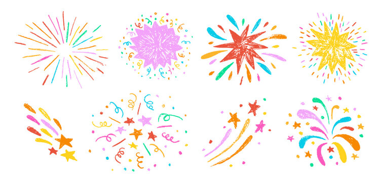 Hand drawn firework collection. Colorful pencil or crayon drawings of firecracker, confetti, sunburst, explosion and sparkles