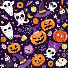 Fototapeta premium Cute Halloween Characters and Symbols in a Flat Vector Illustration Style